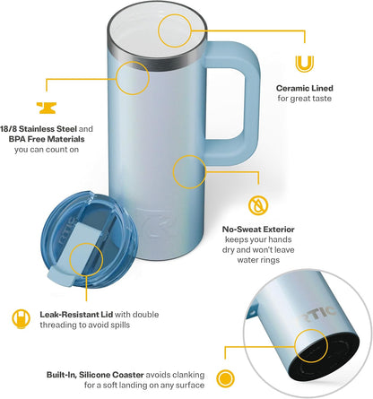 20oz Road Trip Travel Mug with Lid and Handle, Ceramic Lined, Beach | Stainless Steel Metal, Insulated Travel Cup for Hot and Cold Drinks, Coffee, Car, Camping and Travel