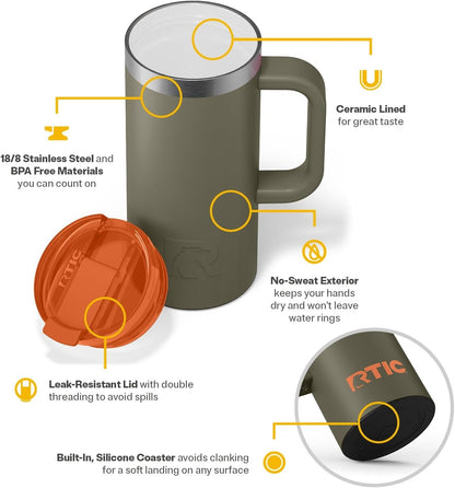 20oz Road Trip Travel Mug with Lid and Handle, Ceramic Lined, Beach | Stainless Steel Metal, Insulated Travel Cup for Hot and Cold Drinks, Coffee, Car, Camping and Travel