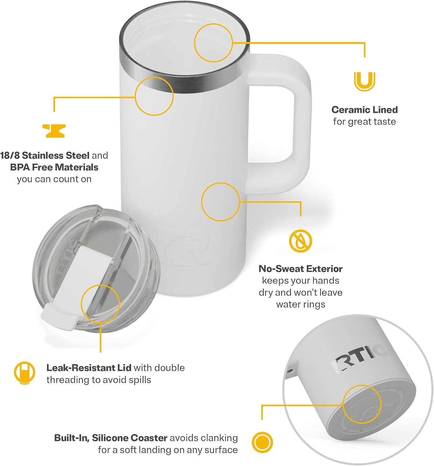 20oz Road Trip Travel Mug with Lid and Handle, Ceramic Lined, Beach | Stainless Steel Metal, Insulated Travel Cup for Hot and Cold Drinks, Coffee, Car, Camping and Travel