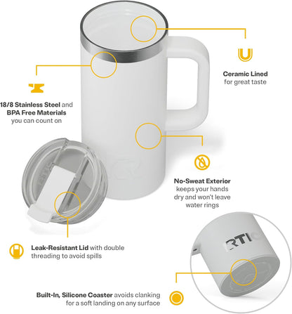 20oz Road Trip Travel Mug with Lid and Handle, Ceramic Lined, Beach | Stainless Steel Metal, Insulated Travel Cup for Hot and Cold Drinks, Coffee, Car, Camping and Travel