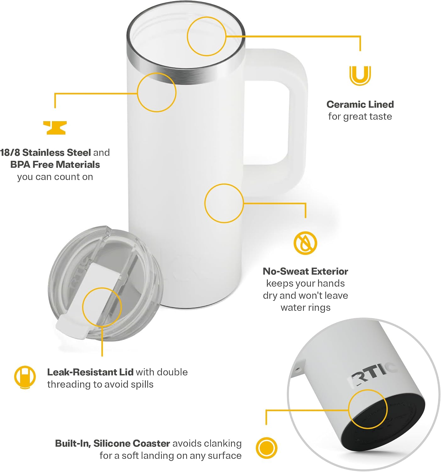 20oz Road Trip Travel Mug with Lid and Handle, Ceramic Lined, Beach | Stainless Steel Metal, Insulated Travel Cup for Hot and Cold Drinks, Coffee, Car, Camping and Travel