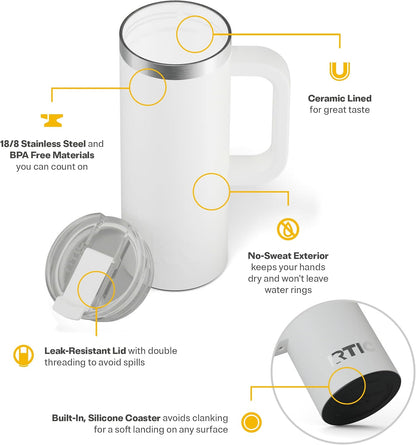 20oz Road Trip Travel Mug with Lid and Handle, Ceramic Lined, Beach | Stainless Steel Metal, Insulated Travel Cup for Hot and Cold Drinks, Coffee, Car, Camping and Travel