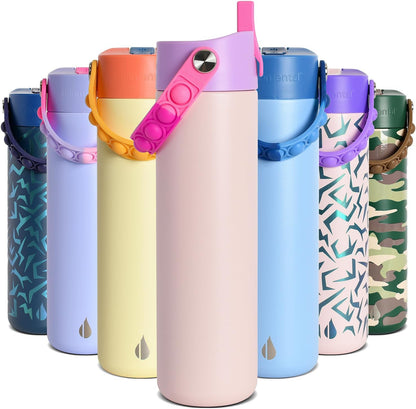 Insulated Water Bottle for Teen Boys & Girls, Stainless Steel Water Bottle with Straw & Pop-It Handle, Leak-Proof Water Bottles for School, Travelling and Sport - Light Patterns - 24oz
