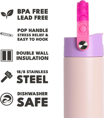 Insulated Water Bottle for Teen Boys & Girls, Stainless Steel Water Bottle with Straw & Pop-It Handle, Leak-Proof Water Bottles for School, Travelling and Sport - Light Patterns - 24oz