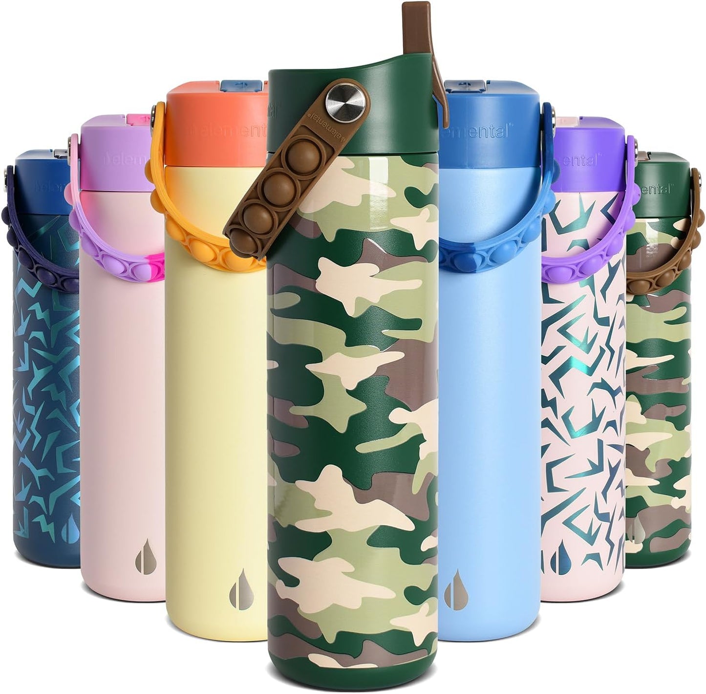 Insulated Water Bottle for Teen Boys & Girls, Stainless Steel Water Bottle with Straw & Pop-It Handle, Leak-Proof Water Bottles for School, Travelling and Sport - Light Patterns - 24oz