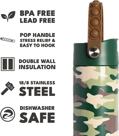 Insulated Water Bottle for Teen Boys & Girls, Stainless Steel Water Bottle with Straw & Pop-It Handle, Leak-Proof Water Bottles for School, Travelling and Sport - Light Patterns - 24oz