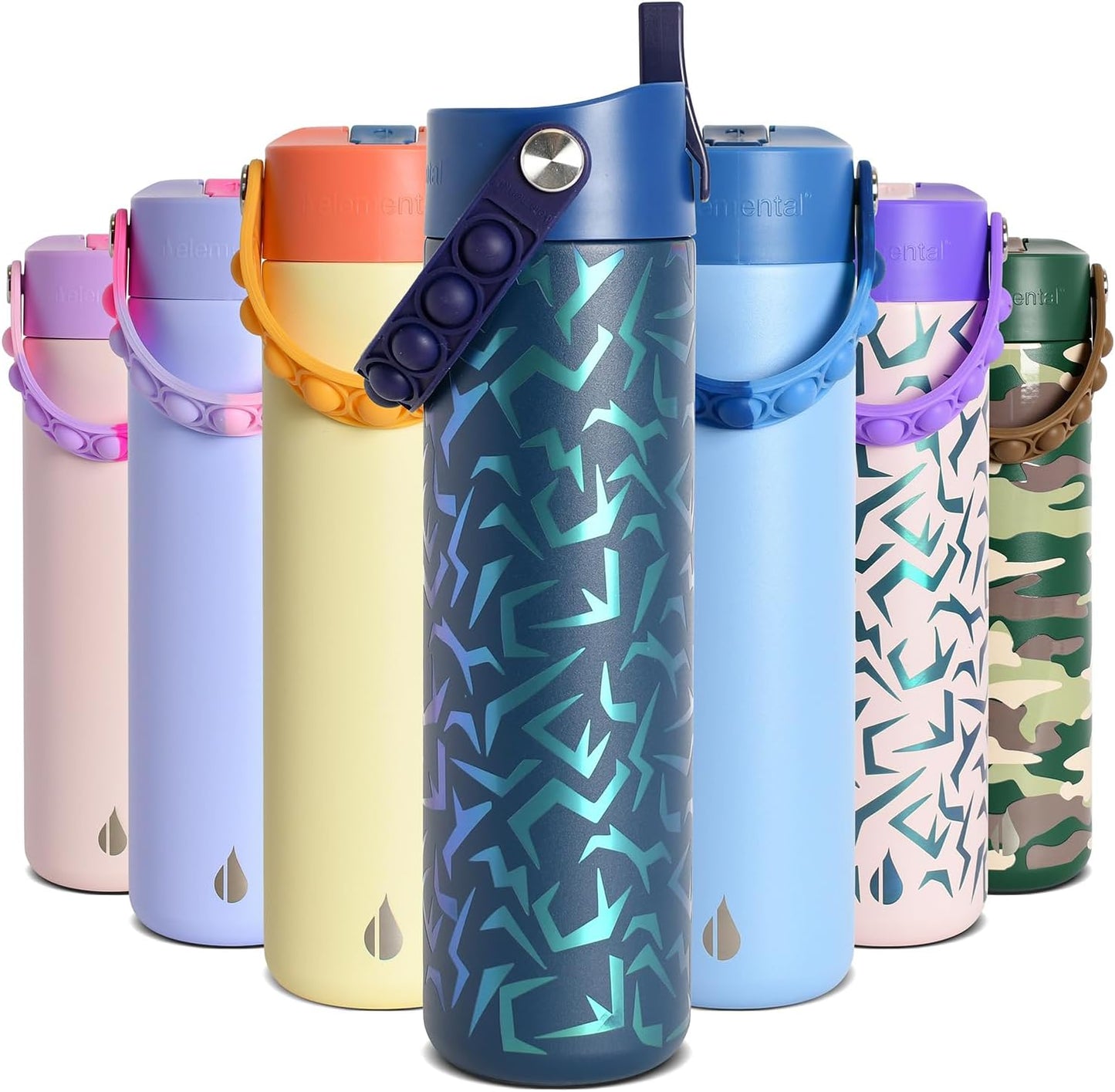 Insulated Water Bottle for Teen Boys & Girls, Stainless Steel Water Bottle with Straw & Pop-It Handle, Leak-Proof Water Bottles for School, Travelling and Sport - Light Patterns - 24oz