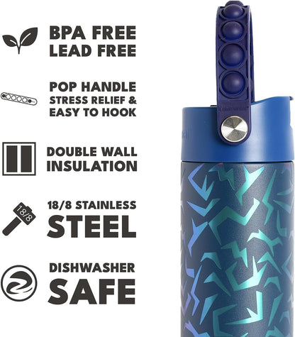 Insulated Water Bottle for Teen Boys & Girls, Stainless Steel Water Bottle with Straw & Pop-It Handle, Leak-Proof Water Bottles for School, Travelling and Sport - Light Patterns - 24oz
