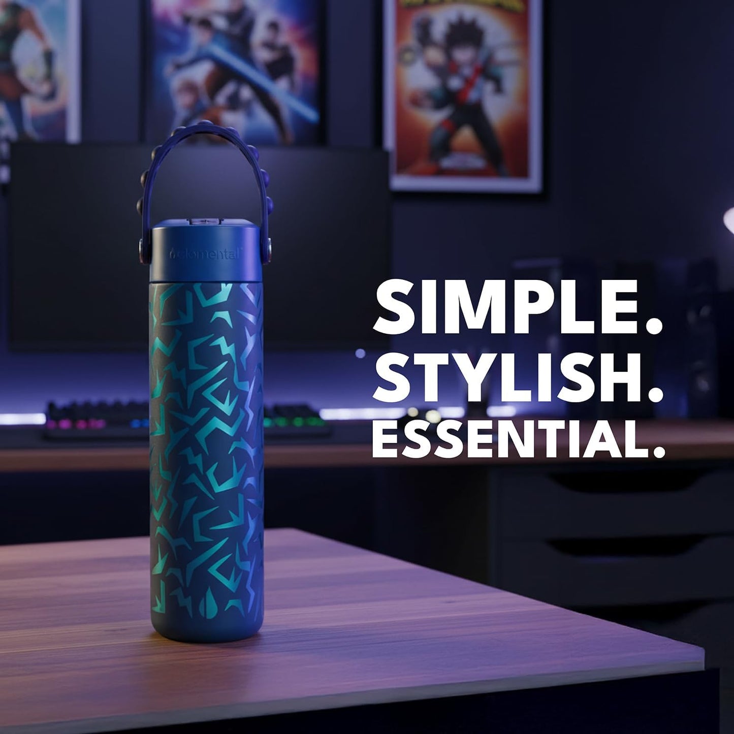 Insulated Water Bottle for Teen Boys & Girls, Stainless Steel Water Bottle with Straw & Pop-It Handle, Leak-Proof Water Bottles for School, Travelling and Sport - Light Patterns - 24oz