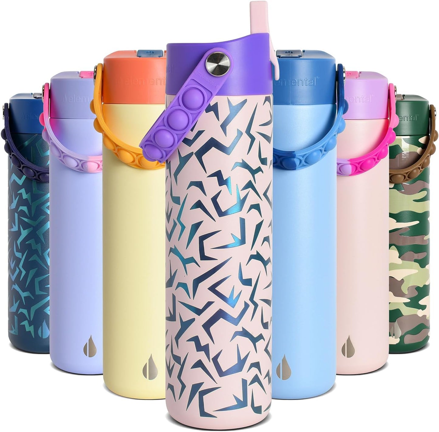 Insulated Water Bottle for Teen Boys & Girls, Stainless Steel Water Bottle with Straw & Pop-It Handle, Leak-Proof Water Bottles for School, Travelling and Sport - Light Patterns - 24oz