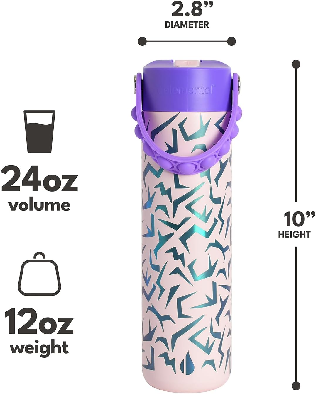 Insulated Water Bottle for Teen Boys & Girls, Stainless Steel Water Bottle with Straw & Pop-It Handle, Leak-Proof Water Bottles for School, Travelling and Sport - Light Patterns - 24oz