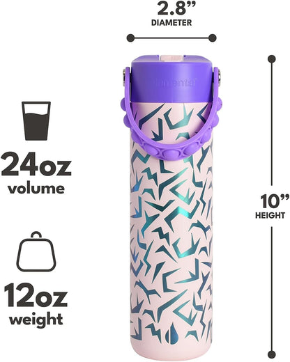 Insulated Water Bottle for Teen Boys & Girls, Stainless Steel Water Bottle with Straw & Pop-It Handle, Leak-Proof Water Bottles for School, Travelling and Sport - Light Patterns - 24oz