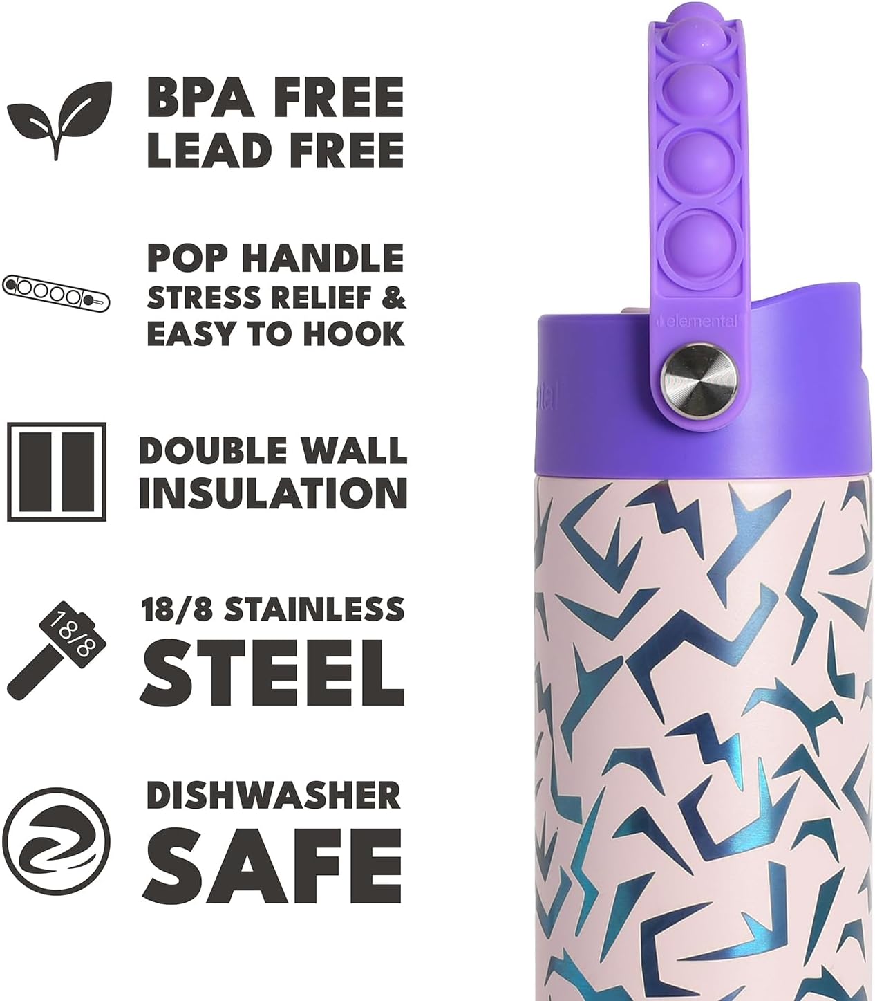Insulated Water Bottle for Teen Boys & Girls, Stainless Steel Water Bottle with Straw & Pop-It Handle, Leak-Proof Water Bottles for School, Travelling and Sport - Light Patterns - 24oz