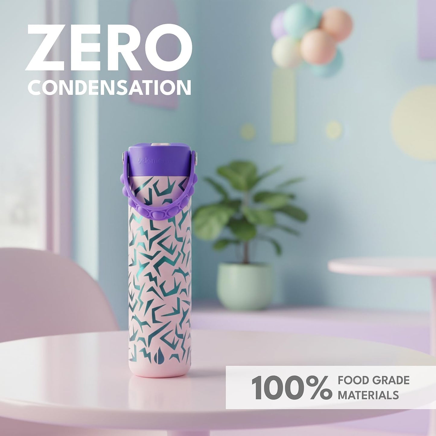 Insulated Water Bottle for Teen Boys & Girls, Stainless Steel Water Bottle with Straw & Pop-It Handle, Leak-Proof Water Bottles for School, Travelling and Sport - Light Patterns - 24oz