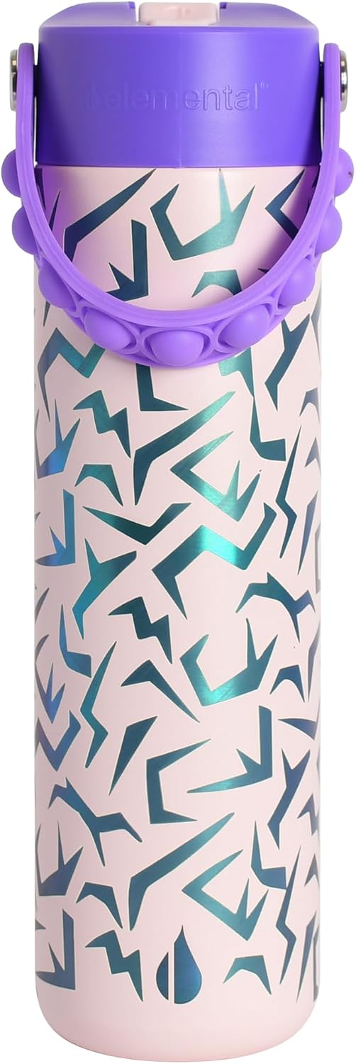 Insulated Water Bottle for Teen Boys & Girls, Stainless Steel Water Bottle with Straw & Pop-It Handle, Leak-Proof Water Bottles for School, Travelling and Sport - Light Patterns - 24oz