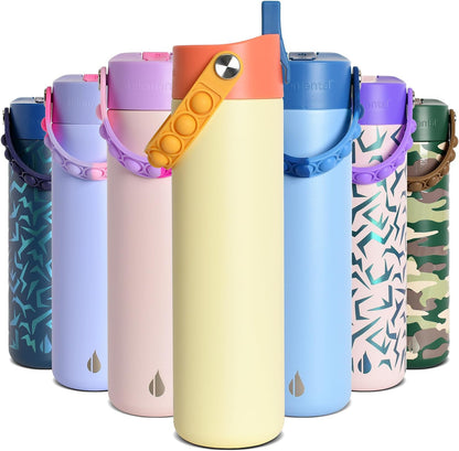 Insulated Water Bottle for Teen Boys & Girls, Stainless Steel Water Bottle with Straw & Pop-It Handle, Leak-Proof Water Bottles for School, Travelling and Sport - Light Patterns - 24oz