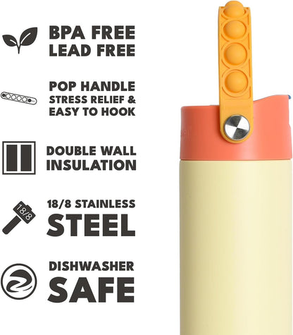 Insulated Water Bottle for Teen Boys & Girls, Stainless Steel Water Bottle with Straw & Pop-It Handle, Leak-Proof Water Bottles for School, Travelling and Sport - Light Patterns - 24oz