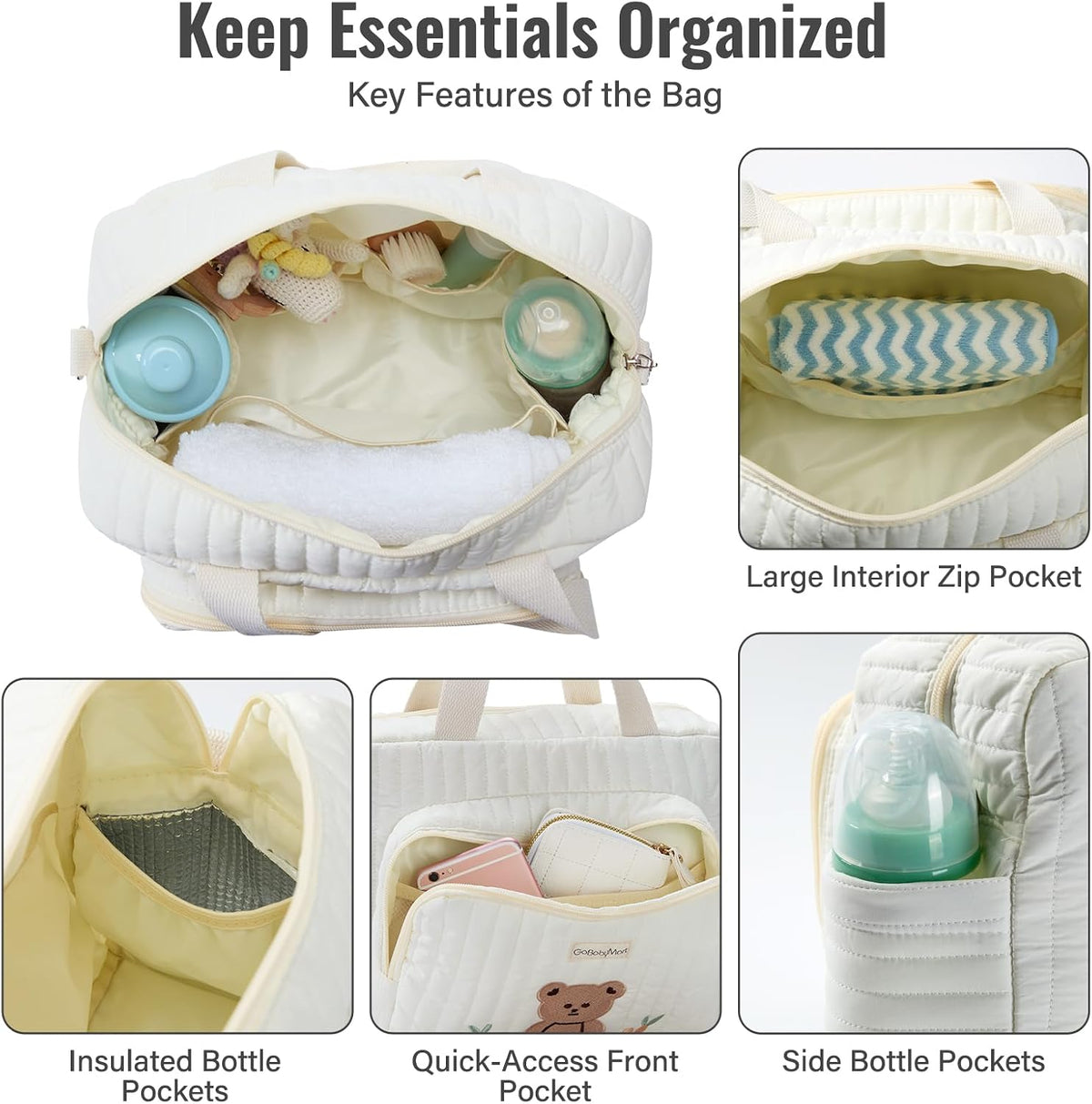 Small Diaper Bag Tote, Maternity Baby Bag with Insulated Bottle Pockets & Stroller Straps, Diaper Bag for Moms