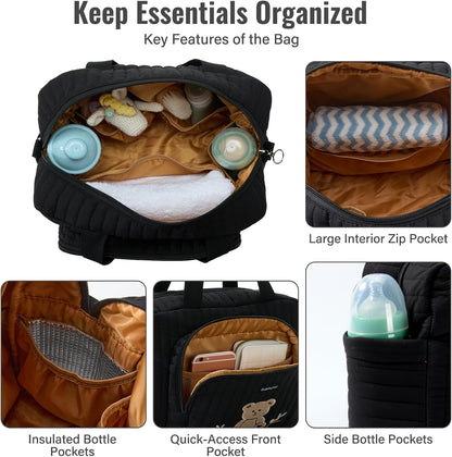 Small Diaper Bag Tote, Maternity Baby Bag with Insulated Bottle Pockets & Stroller Straps, Diaper Bag for Moms