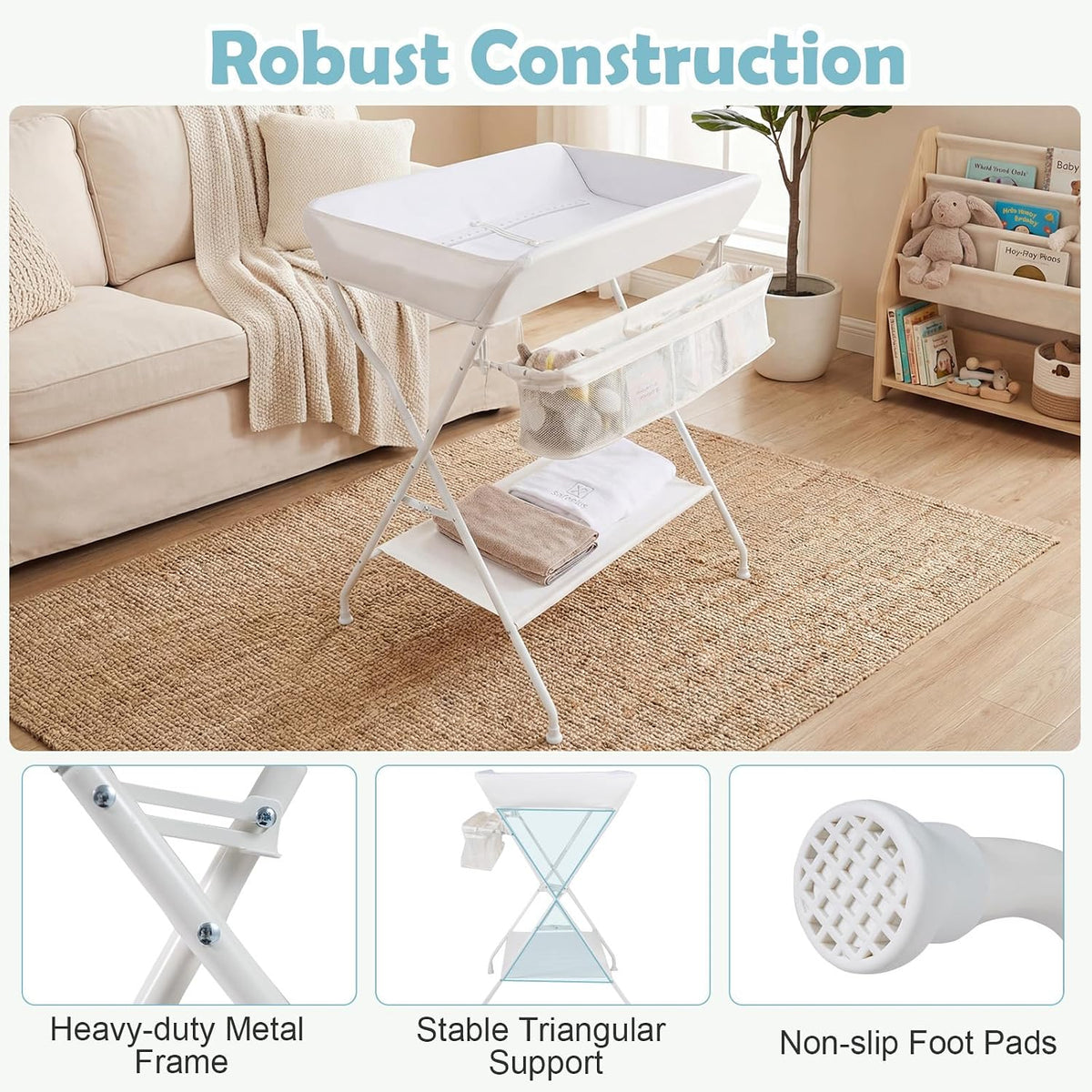 Changing Table, Portable Baby Changing Table Foldable Diaper Changing Station with Safety Belt, Large Storage Rack & Shelf, Nursery Organizer for Newborn Infant (Dark Gray)