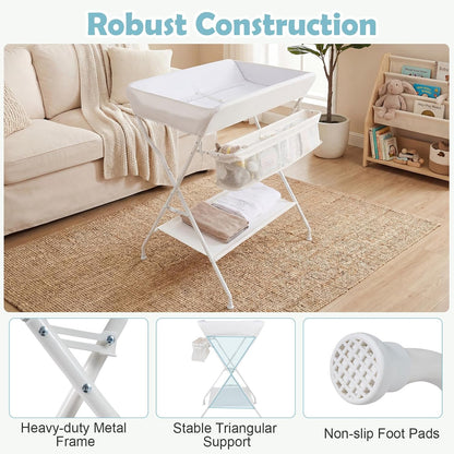 Changing Table, Portable Baby Changing Table Foldable Diaper Changing Station with Safety Belt, Large Storage Rack & Shelf, Nursery Organizer for Newborn Infant (Dark Gray)