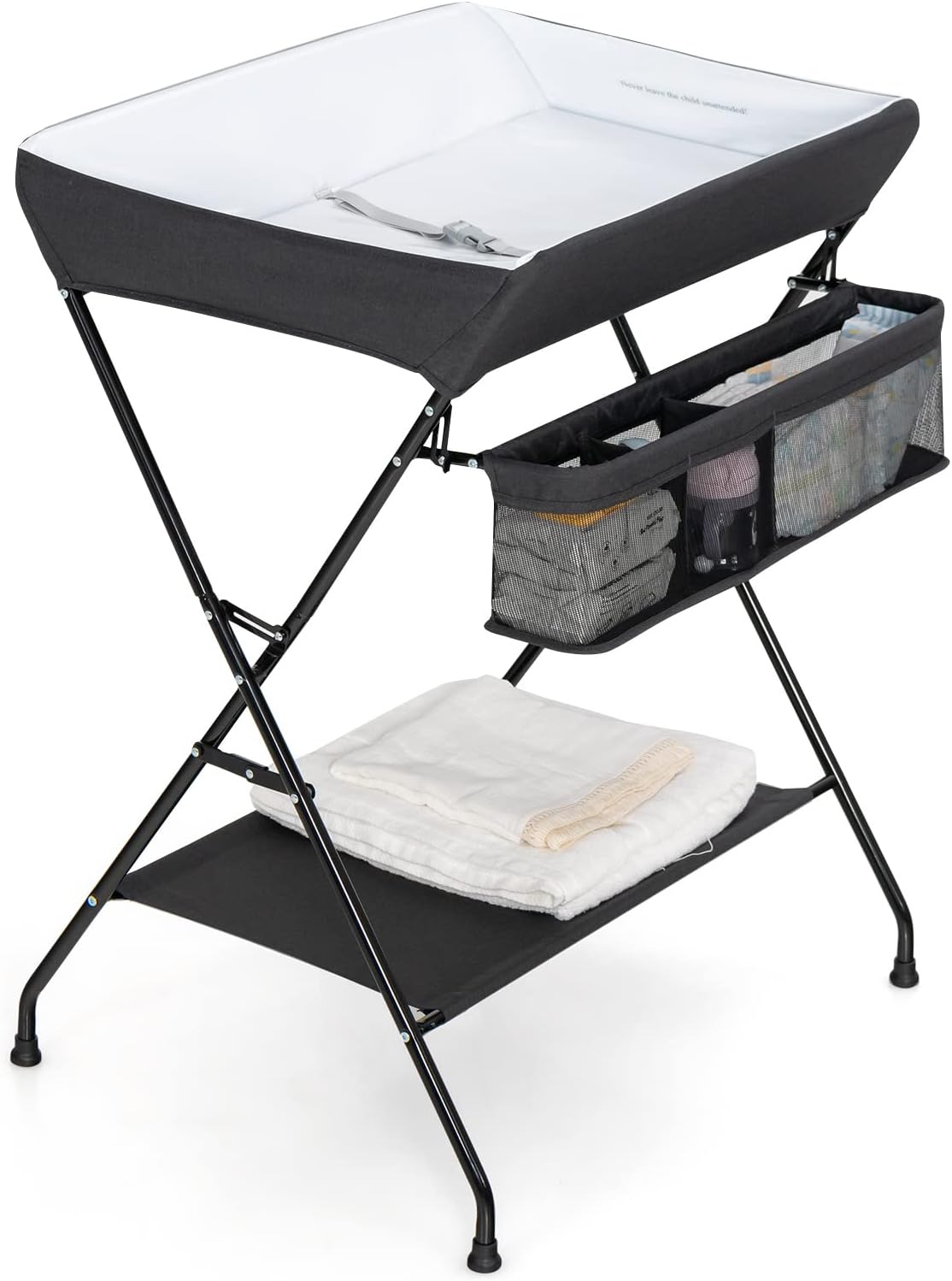 Changing Table, Portable Baby Changing Table Foldable Diaper Changing Station with Safety Belt, Large Storage Rack & Shelf, Nursery Organizer for Newborn Infant (Dark Gray)