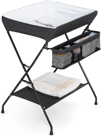 Changing Table, Portable Baby Changing Table Foldable Diaper Changing Station with Safety Belt, Large Storage Rack & Shelf, Nursery Organizer for Newborn Infant (Dark Gray)