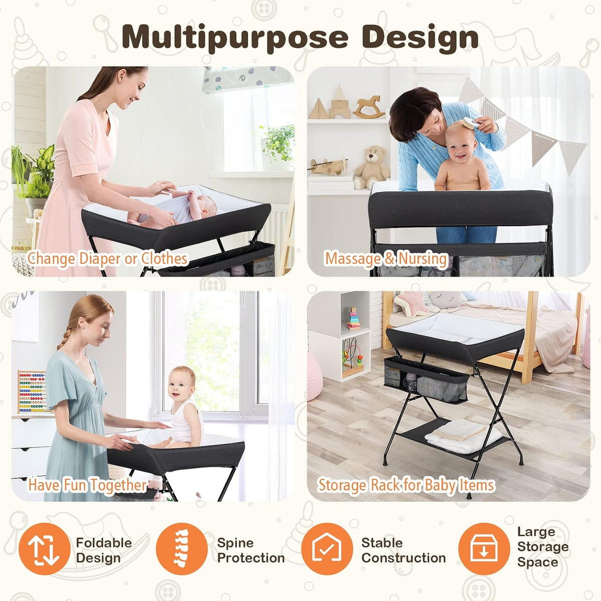 Changing Table, Portable Baby Changing Table Foldable Diaper Changing Station with Safety Belt, Large Storage Rack & Shelf, Nursery Organizer for Newborn Infant (Dark Gray)