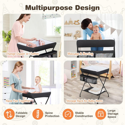 Changing Table, Portable Baby Changing Table Foldable Diaper Changing Station with Safety Belt, Large Storage Rack & Shelf, Nursery Organizer for Newborn Infant (Dark Gray)