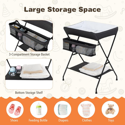 Changing Table, Portable Baby Changing Table Foldable Diaper Changing Station with Safety Belt, Large Storage Rack & Shelf, Nursery Organizer for Newborn Infant (Dark Gray)