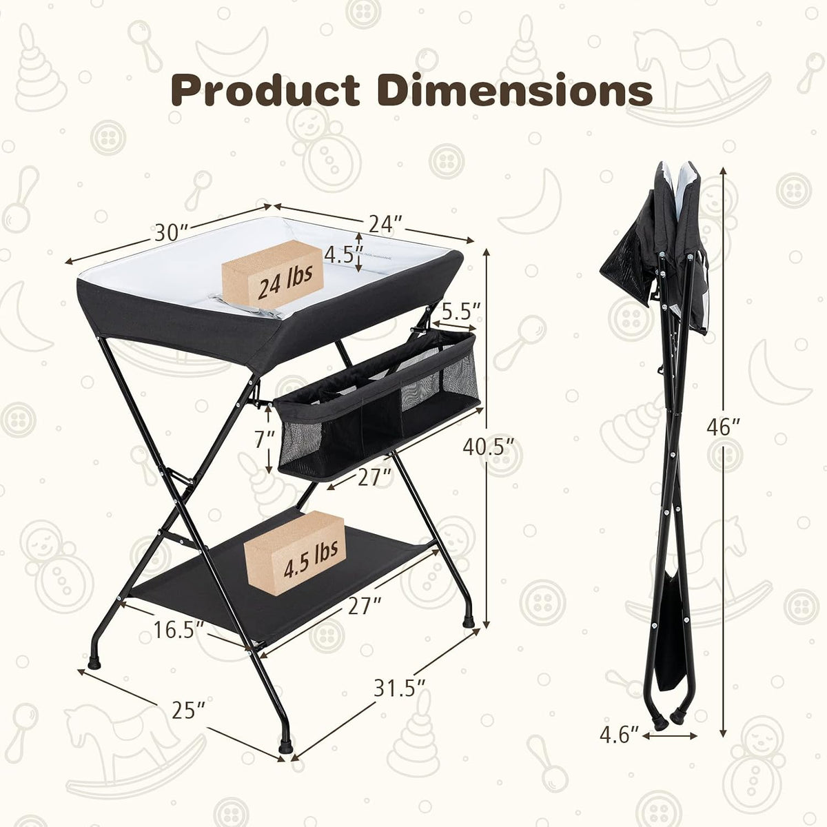 Changing Table, Portable Baby Changing Table Foldable Diaper Changing Station with Safety Belt, Large Storage Rack & Shelf, Nursery Organizer for Newborn Infant (Dark Gray)