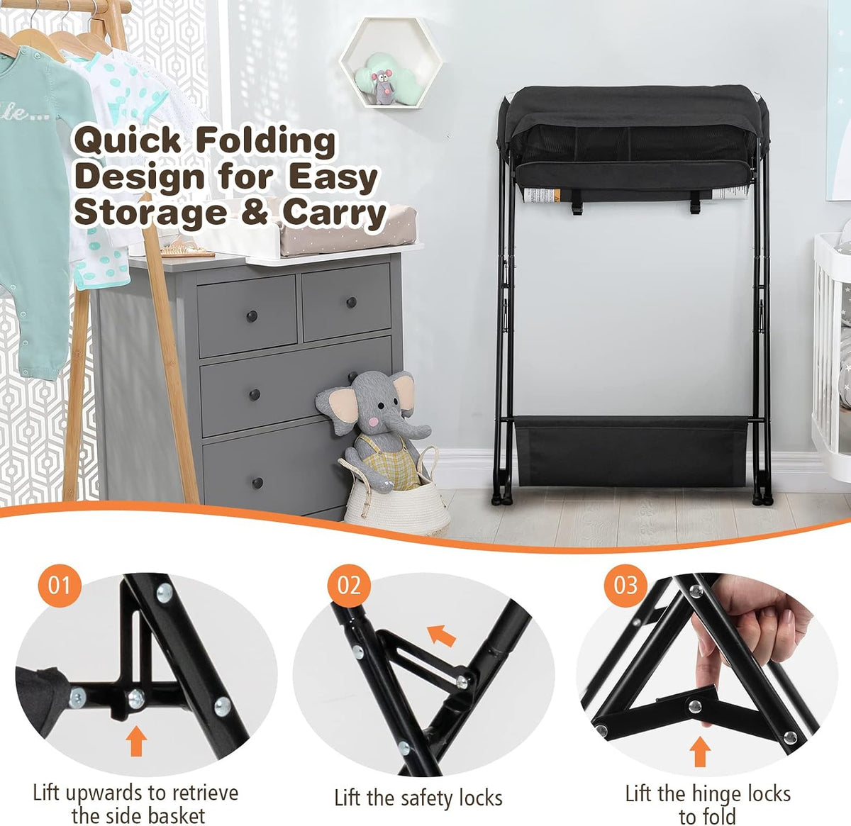 Changing Table, Portable Baby Changing Table Foldable Diaper Changing Station with Safety Belt, Large Storage Rack & Shelf, Nursery Organizer for Newborn Infant (Dark Gray)