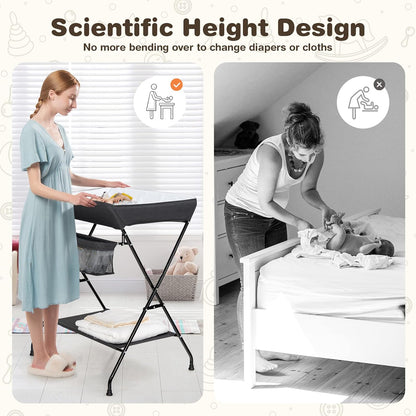 Changing Table, Portable Baby Changing Table Foldable Diaper Changing Station with Safety Belt, Large Storage Rack & Shelf, Nursery Organizer for Newborn Infant (Dark Gray)