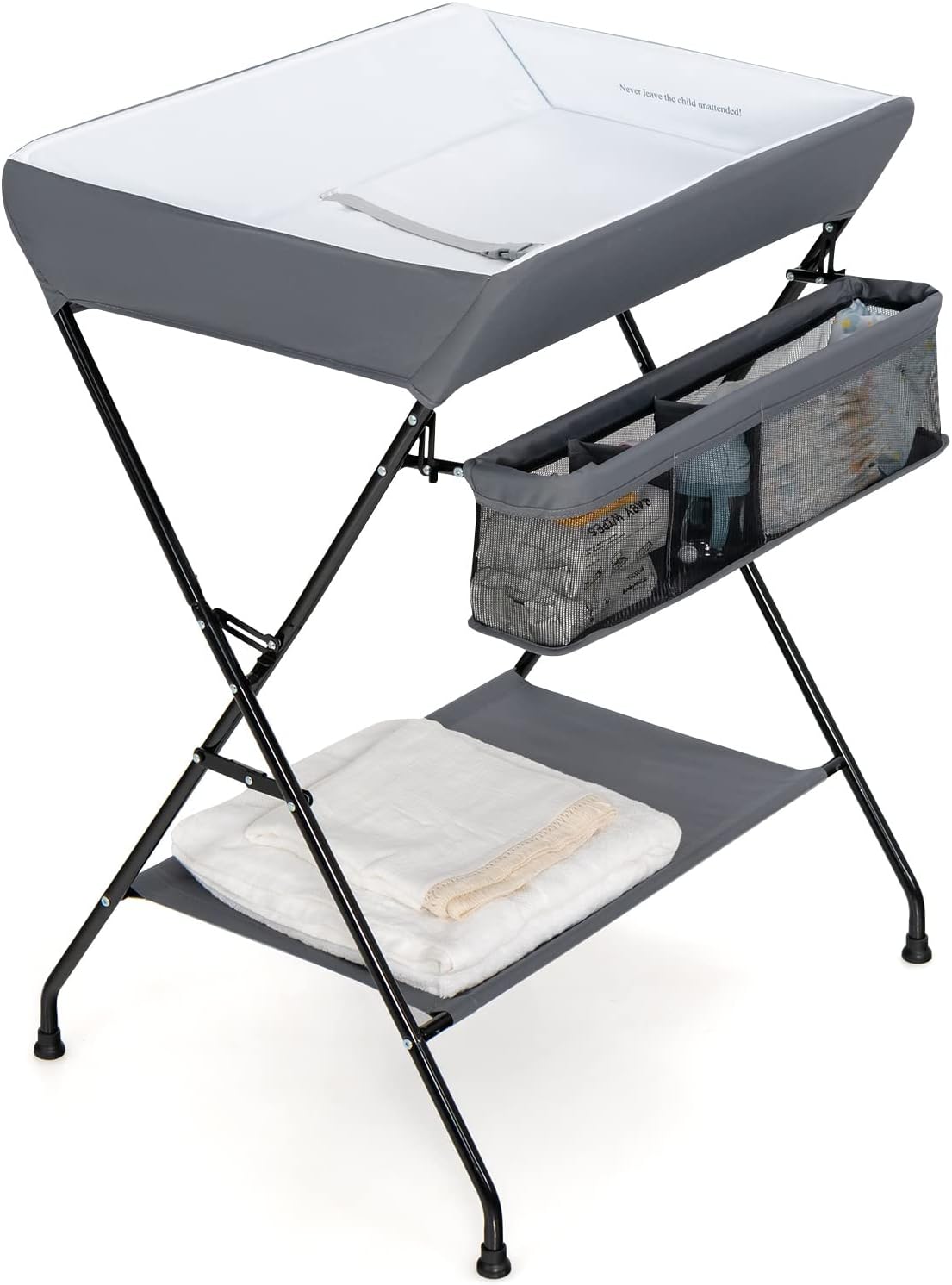 Changing Table, Portable Baby Changing Table Foldable Diaper Changing Station with Safety Belt, Large Storage Rack & Shelf, Nursery Organizer for Newborn Infant (Dark Gray)
