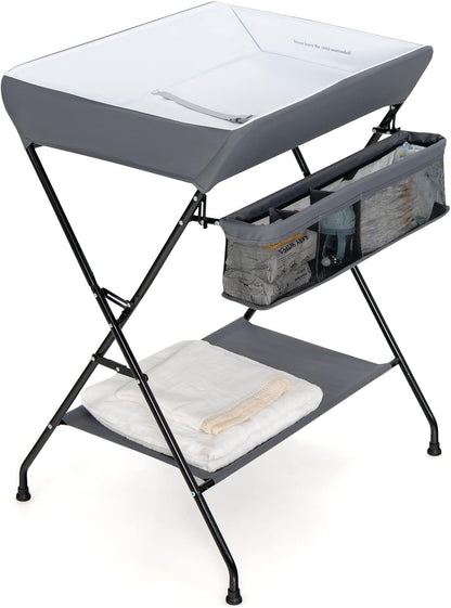 Changing Table, Portable Baby Changing Table Foldable Diaper Changing Station with Safety Belt, Large Storage Rack & Shelf, Nursery Organizer for Newborn Infant (Dark Gray)