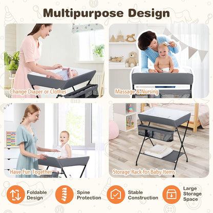 Changing Table, Portable Baby Changing Table Foldable Diaper Changing Station with Safety Belt, Large Storage Rack & Shelf, Nursery Organizer for Newborn Infant (Dark Gray)