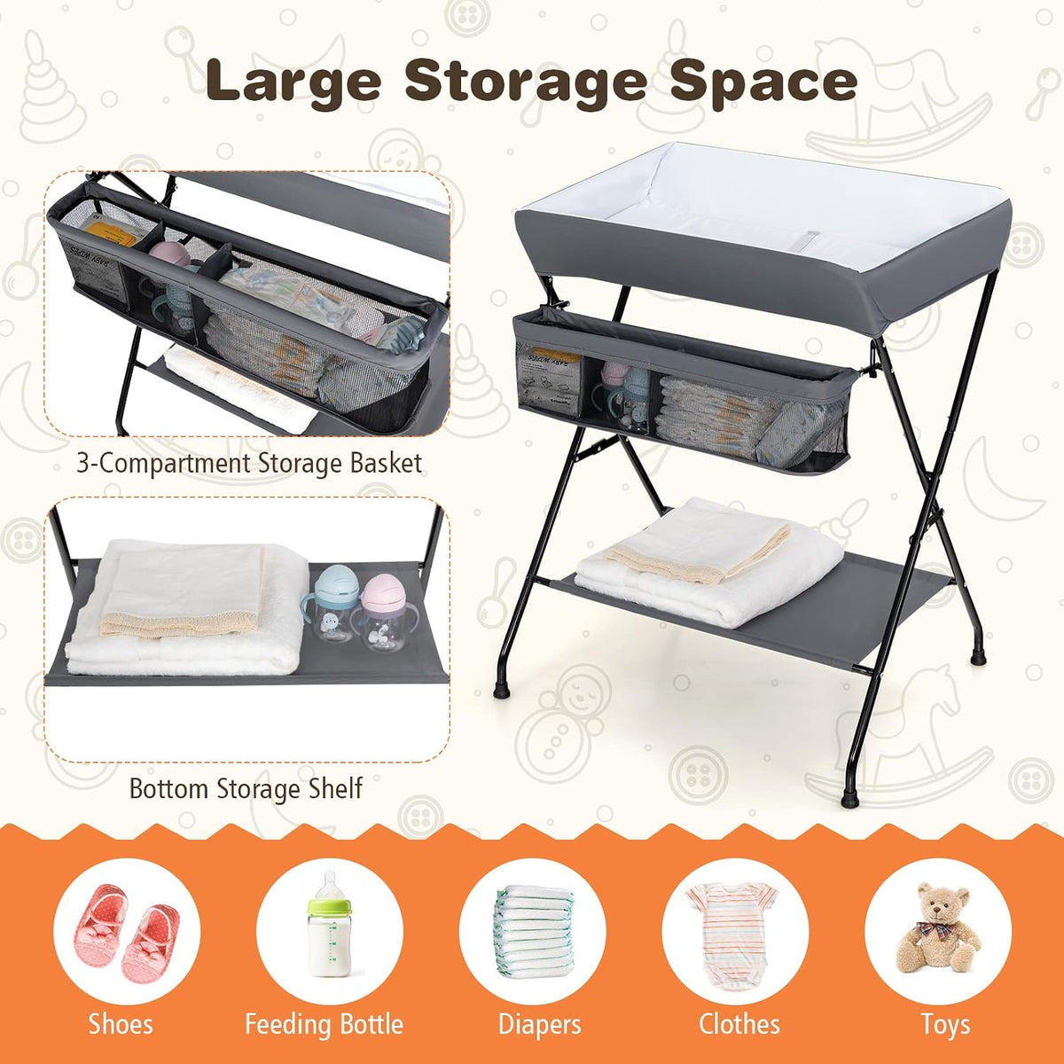 Changing Table, Portable Baby Changing Table Foldable Diaper Changing Station with Safety Belt, Large Storage Rack & Shelf, Nursery Organizer for Newborn Infant (Dark Gray)
