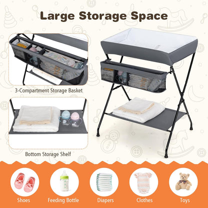 Changing Table, Portable Baby Changing Table Foldable Diaper Changing Station with Safety Belt, Large Storage Rack & Shelf, Nursery Organizer for Newborn Infant (Dark Gray)