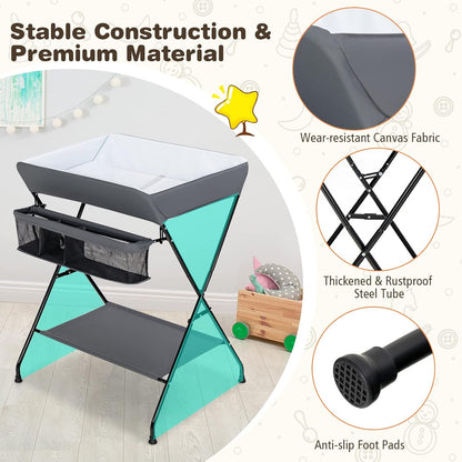 Changing Table, Portable Baby Changing Table Foldable Diaper Changing Station with Safety Belt, Large Storage Rack & Shelf, Nursery Organizer for Newborn Infant (Dark Gray)
