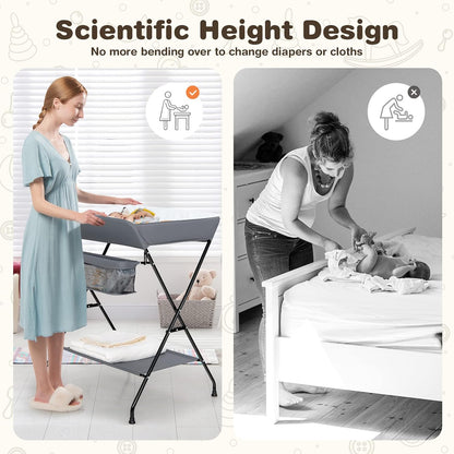 Changing Table, Portable Baby Changing Table Foldable Diaper Changing Station with Safety Belt, Large Storage Rack & Shelf, Nursery Organizer for Newborn Infant (Dark Gray)