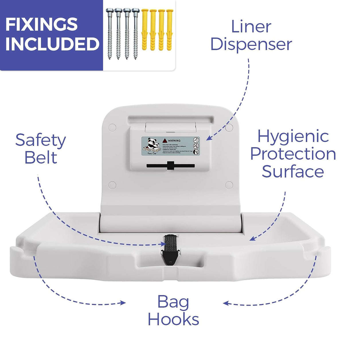 Panda Care ADA Compliant Horizontal Wall Mounted Baby Changing Station, Foldable Diaper Changing Table with Liner Dispenser and Safety Straps for Commercial and Home Use