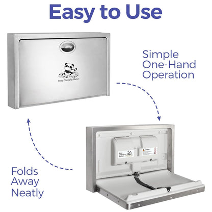 Panda Care ADA Compliant Horizontal Wall Mounted Baby Changing Station, Foldable Diaper Changing Table with Liner Dispenser and Safety Straps for Commercial and Home Use