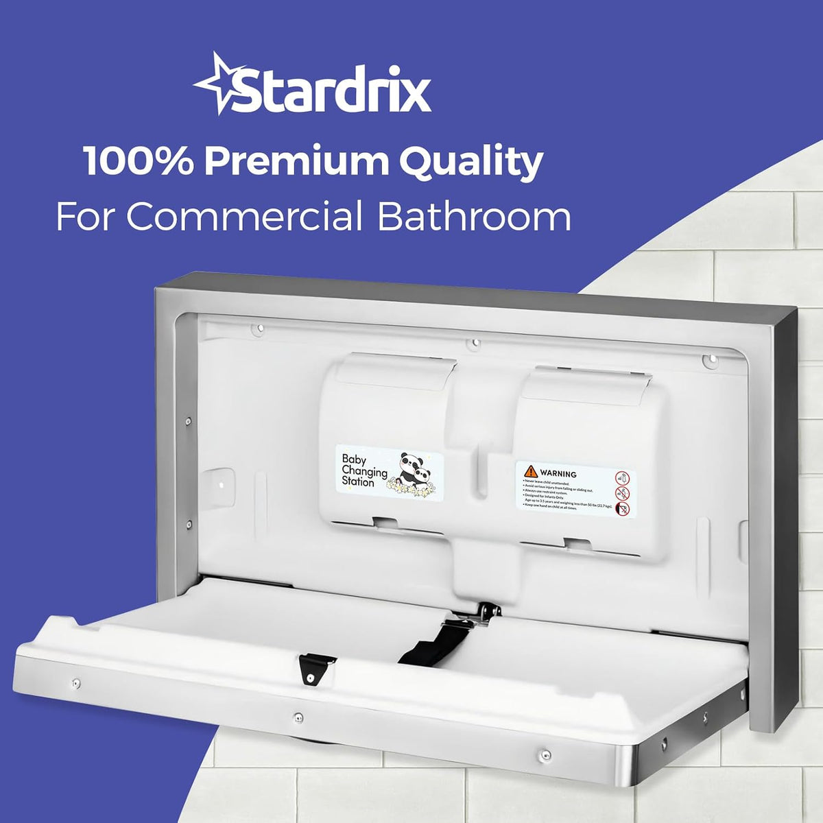 Panda Care ADA Compliant Horizontal Wall Mounted Baby Changing Station, Foldable Diaper Changing Table with Liner Dispenser and Safety Straps for Commercial and Home Use
