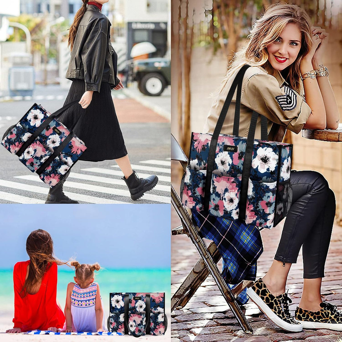 Utility Tote Bag with 24 Pockets, Large Teacher Travel Tote for Women