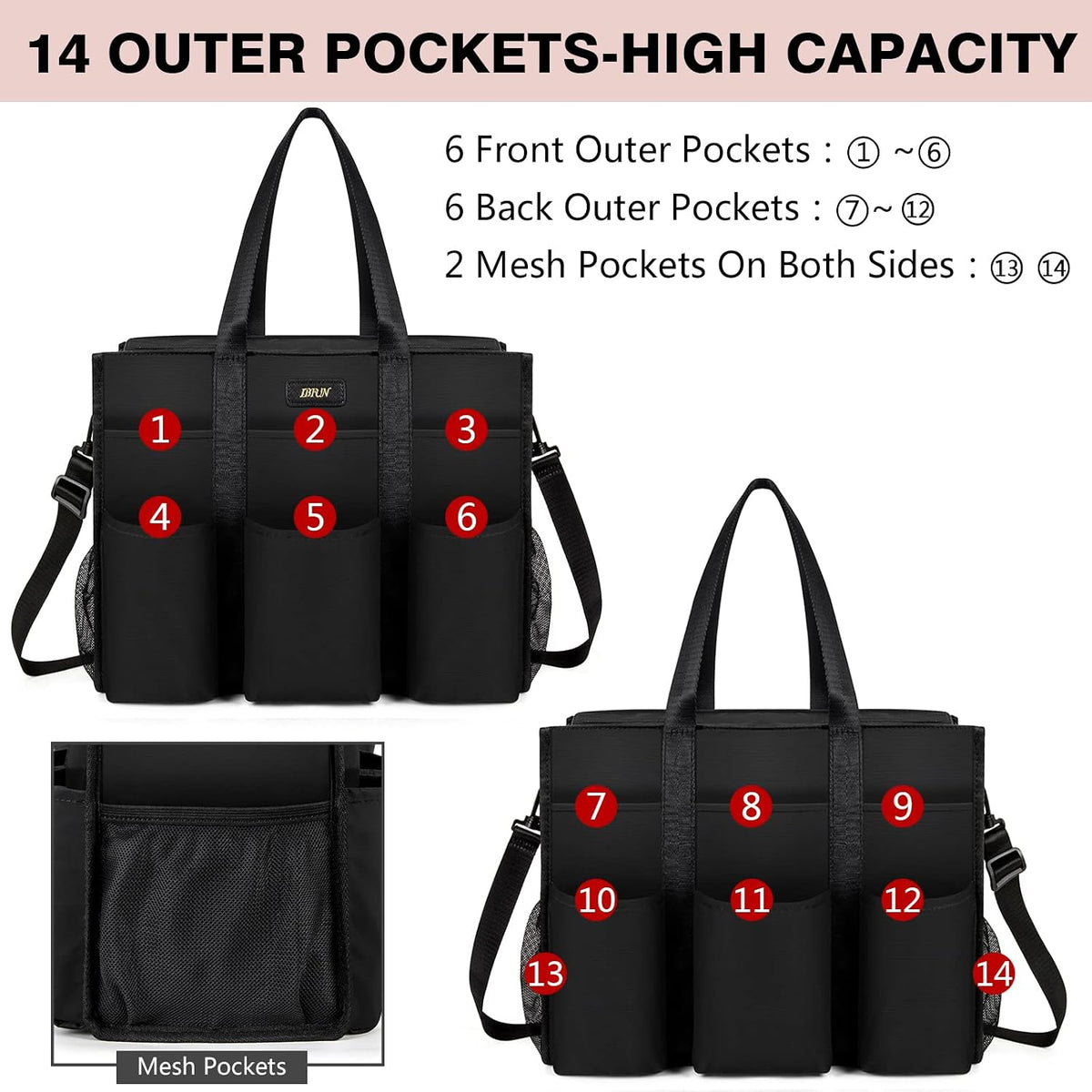 Utility Tote Bag with 24 Pockets, Large Teacher Travel Tote for Women