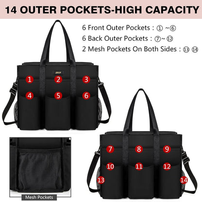 Utility Tote Bag with 24 Pockets, Large Teacher Travel Tote for Women