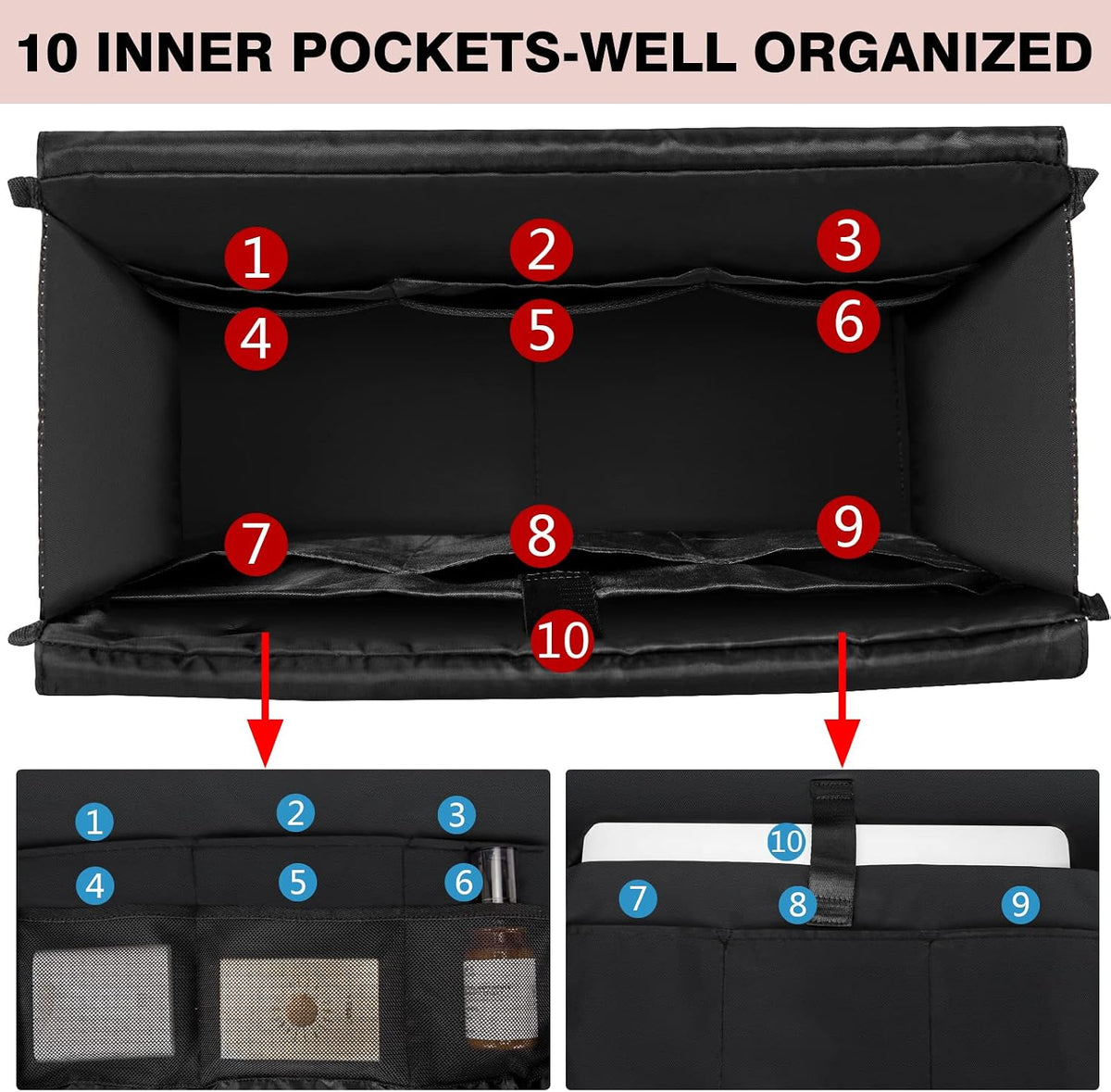 Utility Tote Bag with 24 Pockets, Large Teacher Travel Tote for Women