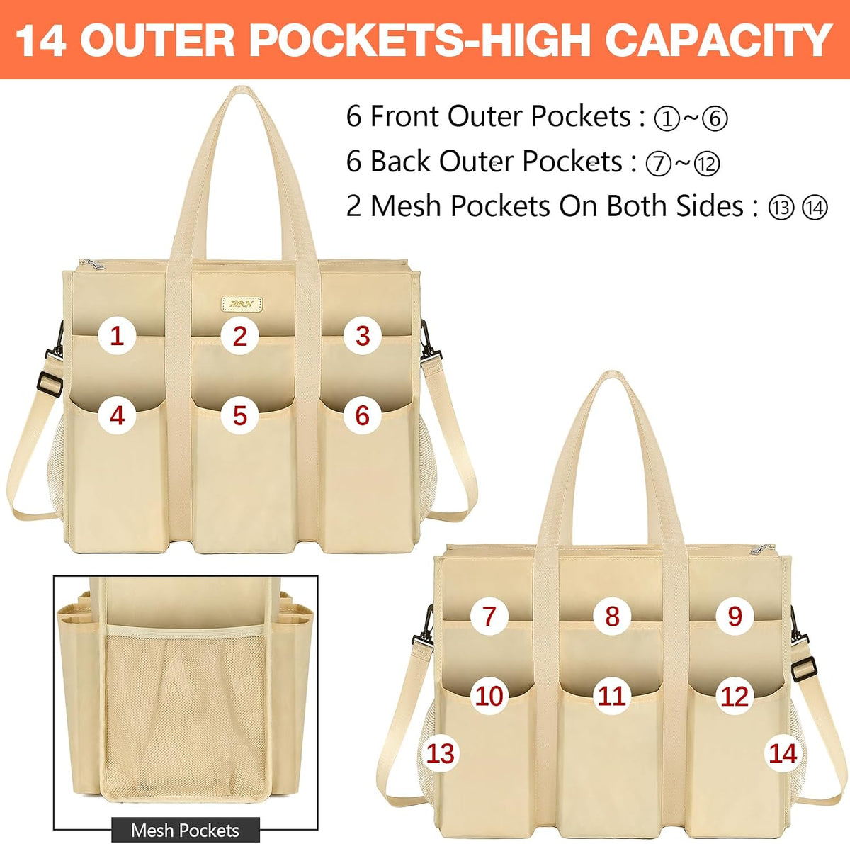 Utility Tote Bag with 24 Pockets, Large Teacher Travel Tote for Women