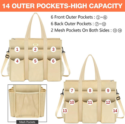 Utility Tote Bag with 24 Pockets, Large Teacher Travel Tote for Women