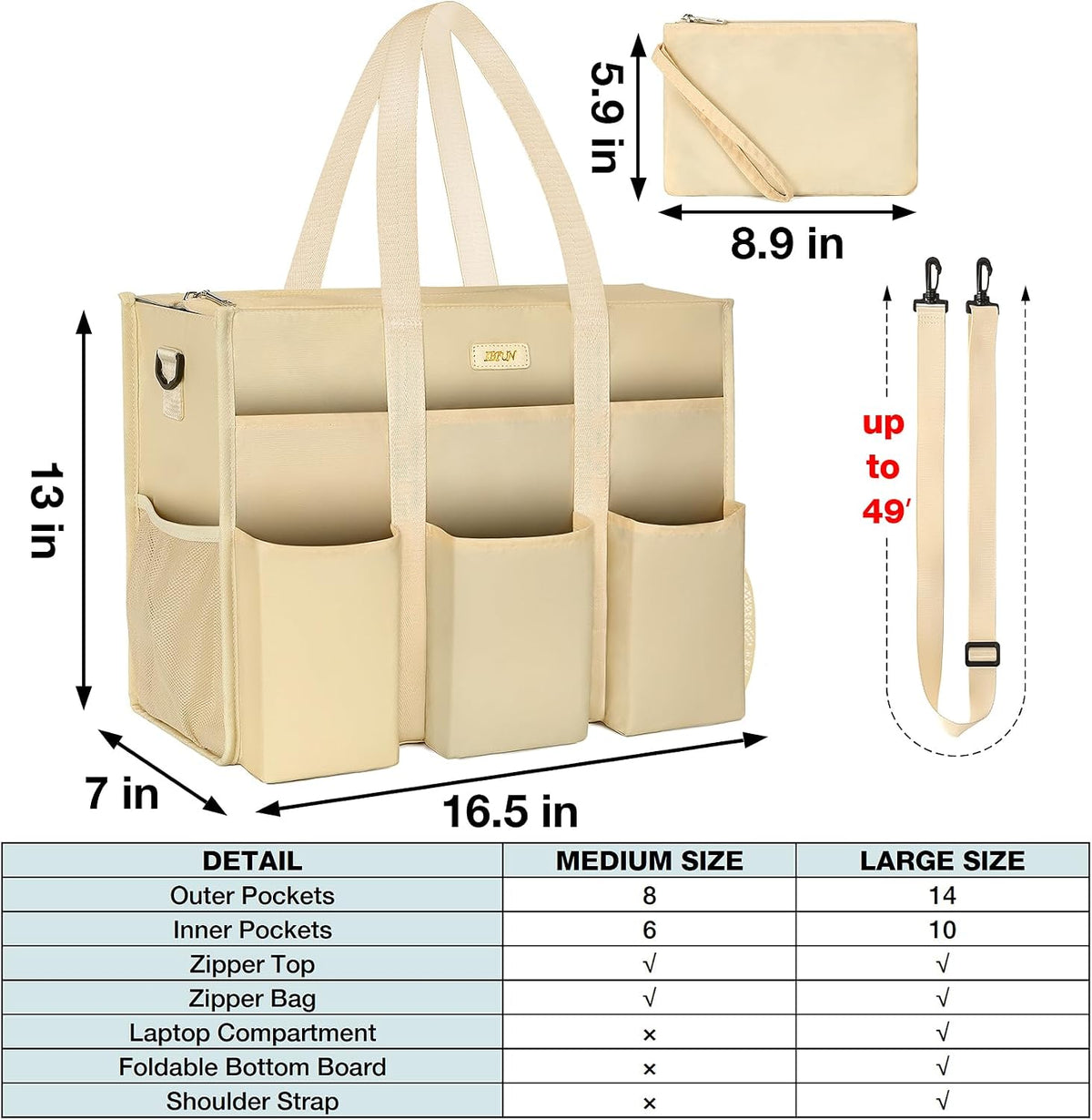 Utility Tote Bag with 24 Pockets, Large Teacher Travel Tote for Women